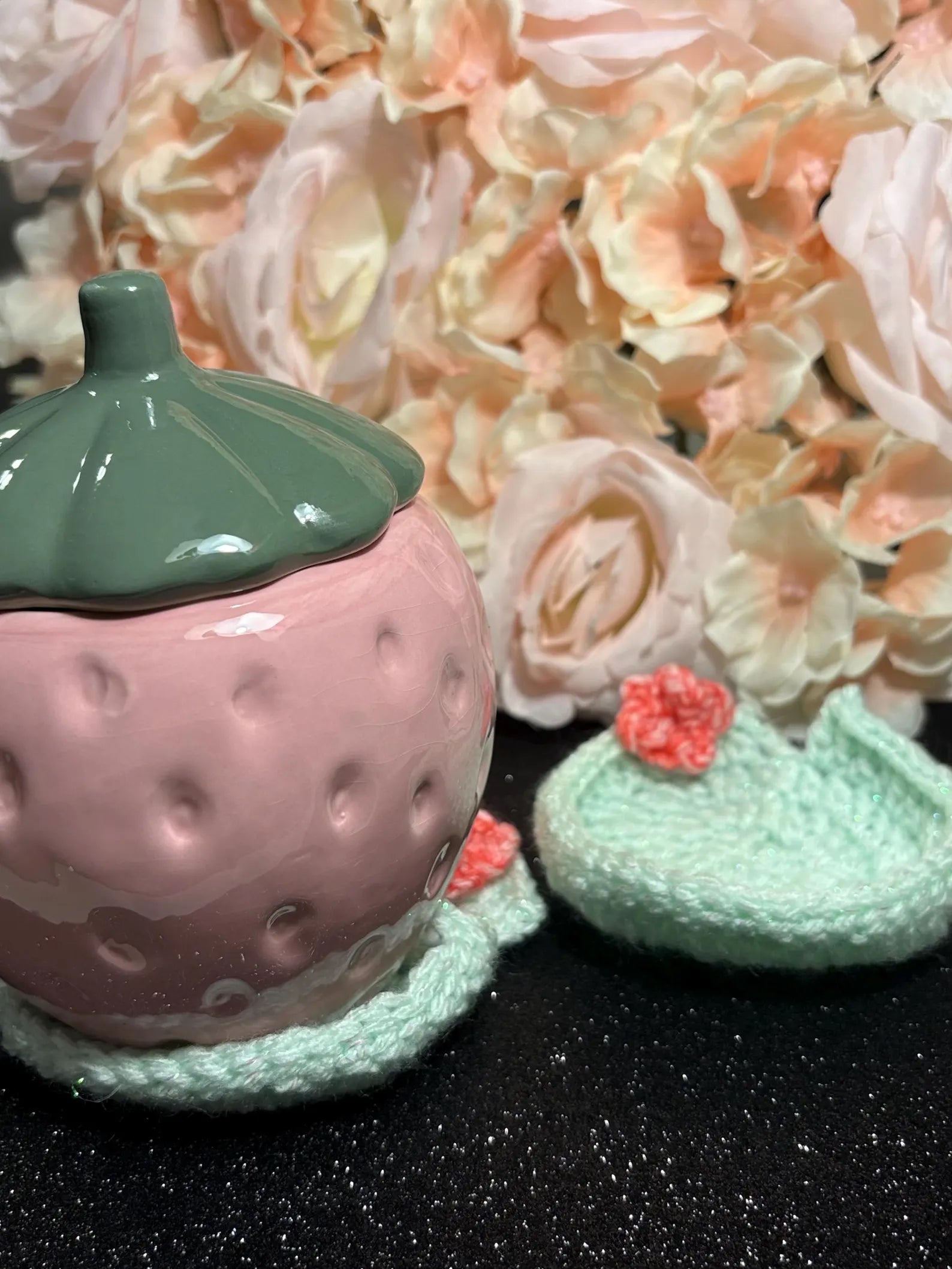 Crochet Lily Pad Coaster Set | Sparkly Lotus Flower Mug Rugs