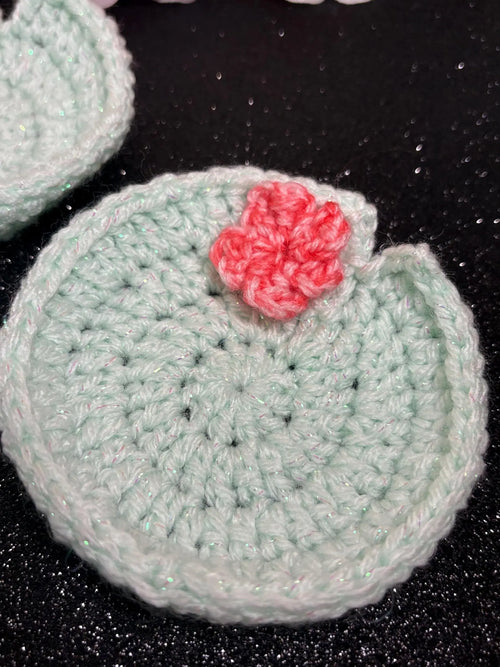 Crochet Lily Pad Coaster Set | Sparkly Lotus Flower Mug Rugs