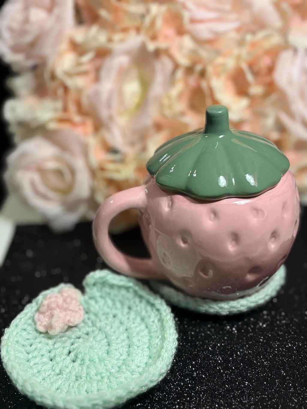 Crochet Lily Pad Coaster Set | Sparkly Lotus Flower Mug Rugs