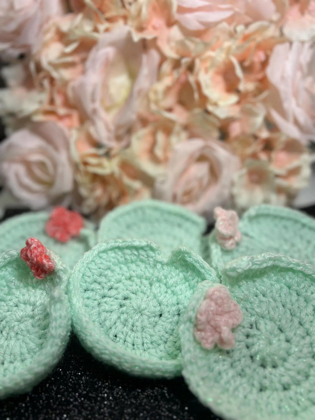 Crochet Lily Pad Coaster Set | Sparkly Lotus Flower Mug Rugs
