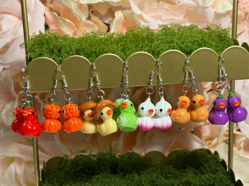 Vegetable Medley Duck Earrings Dangles | Hypoallergenic Stainless Steel | Nickel-Free & Sensitive Skin Friendly